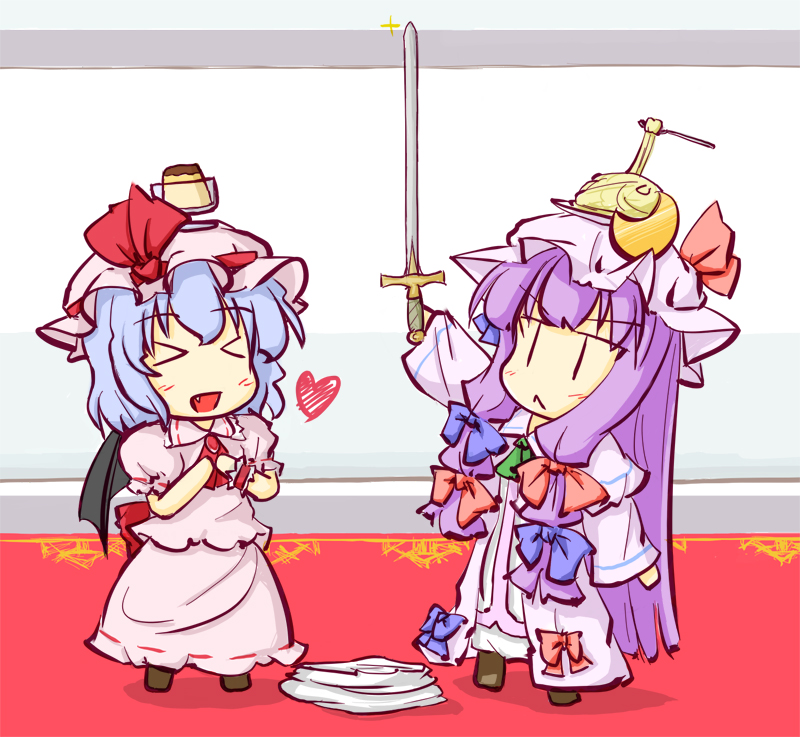 &gt;_&lt; :&lt; :d arm_up bat_wings blue_hair chibi closed_eyes fang food happy hat hat_ribbon heart holding long_hair multiple_girls natsuki_(silent_selena) open_mouth patchouli_knowledge pudding purple_hair remilia_scarlet ribbon smile sword touhou weapon wings xd |_|