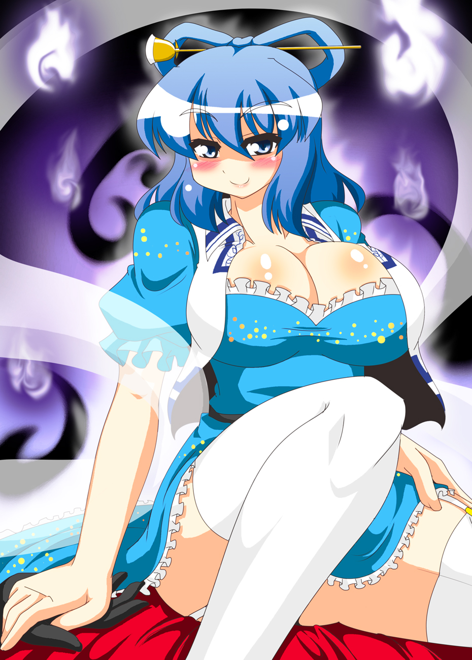 1girl akasode_(tyaramu) blue_eyes blue_hair breasts chyaramu cleavage female garter_belt garter_straps ghost ghosts hair_ornament highres huge_breasts kaku_seiga sitting skirt smile solo thighhighs thighs touhou white_legwear white_thighhighs