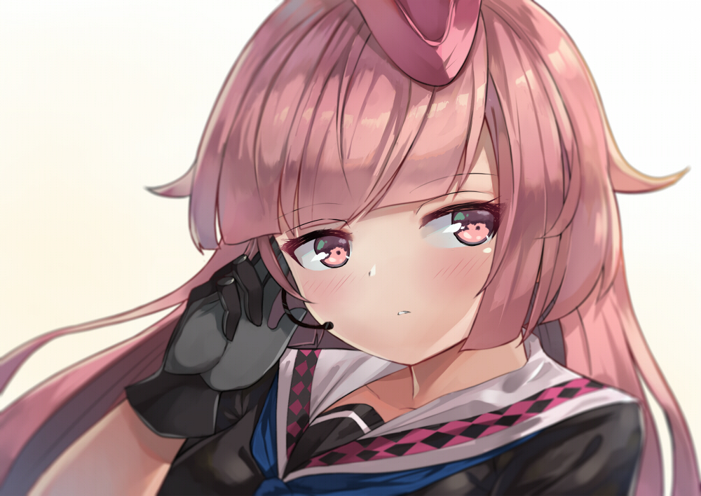 1girl bangs black_gloves black_shirt blue_sailor_collar blush collarbone commentary dot_nose eyebrows_visible_through_hair face girls_frontline gloves hand_on_ear hat long_hair looking_to_the_side motokonut ntw-20_(girls_frontline) pink_eyes pink_hair sailor_collar shirt short_sleeves solo teeth