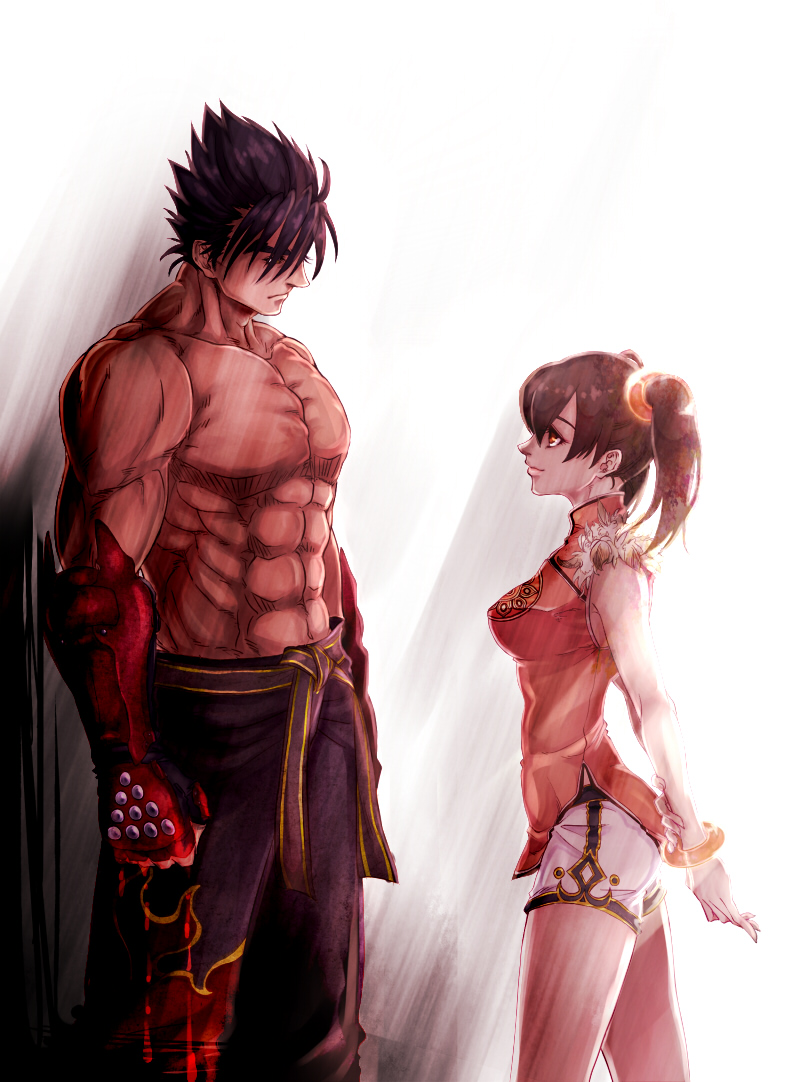 1girl arm_guards arms_behind_back bad_id bad_pixiv_id belt chinese_clothes fingerless_gloves gloves height_difference inuhiko_(istdog) kazama_jin ling_xiaoyu muscle orange_shirt petite pointy_hair profile shirt shirtless short_twintails standing tekken twintails