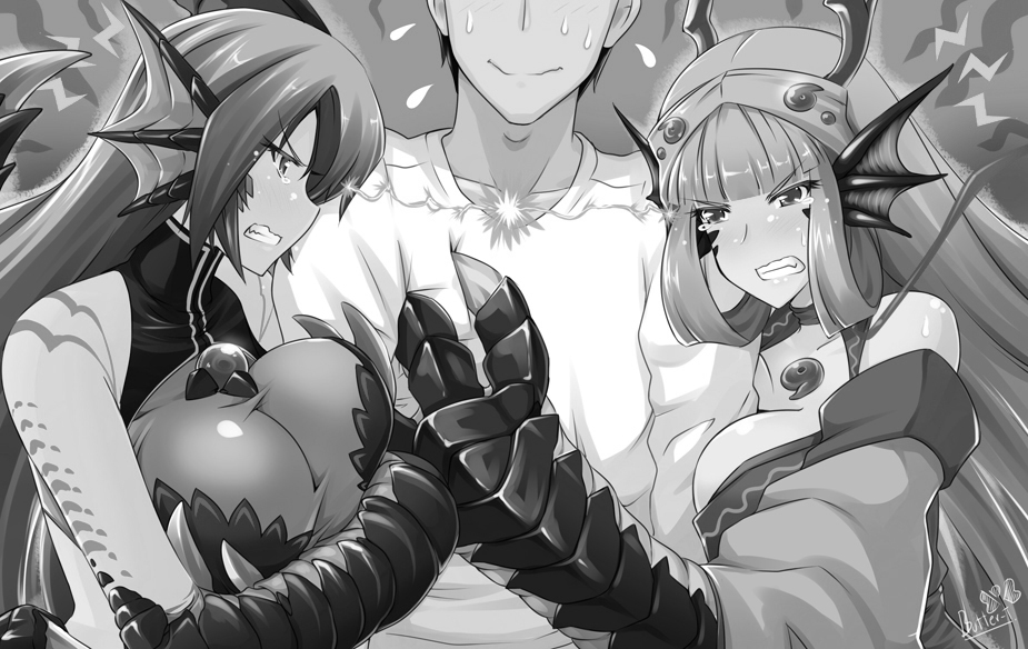 1boy 2girls blush breasts brown_hair butter-t claws dragon dragon_(mamono_girl_lover) dragon_ears dragon_girl eastern_dragon hug japanese_clothes large_breasts long_hair mamono_girl_lover monochrome monster_girl monster_girl_encyclopedia multiple_girls purple_hair rivalry ryu_(mamono_girl_lover) scales signature smile sweat western_dragon yellow_eyes