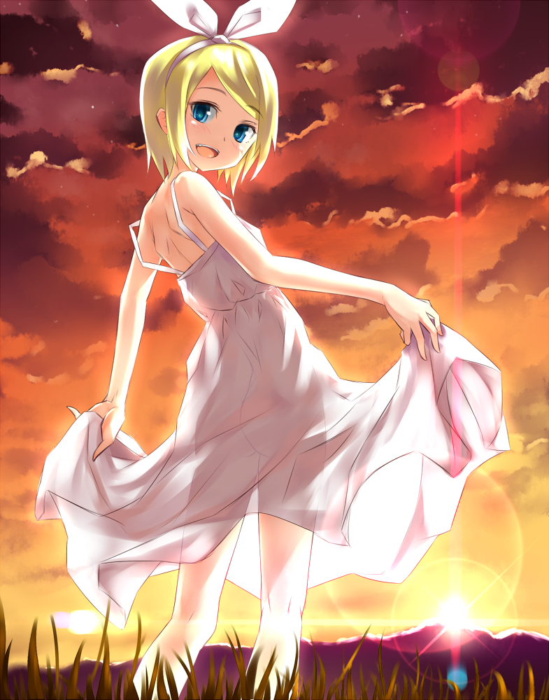 ass bad_id bad_pixiv_id blonde_hair blue_eyes blush cloud dress dress_lift from_behind hairband kagamine_rin keikotsu looking_at_viewer looking_back no_panties open_mouth see-through short_hair sky smile solo strap_slip sundress sunset vocaloid