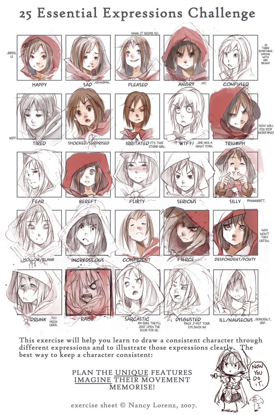 bags_under_eyes chart everafter expressions grimm's_fairy_tales highres little_red_riding_hood little_red_riding_hood_(grimm) monochrome original red_(everafter) shaun_healey sketch