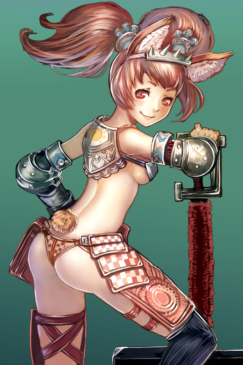 animal_ears armor ass bikini_armor black_legwear blush breasts cherokee_(1021tonii) copyright_request gauntlets highres looking_at_viewer red_eyes red_hair small_breasts smile solo tail thighhighs underboob