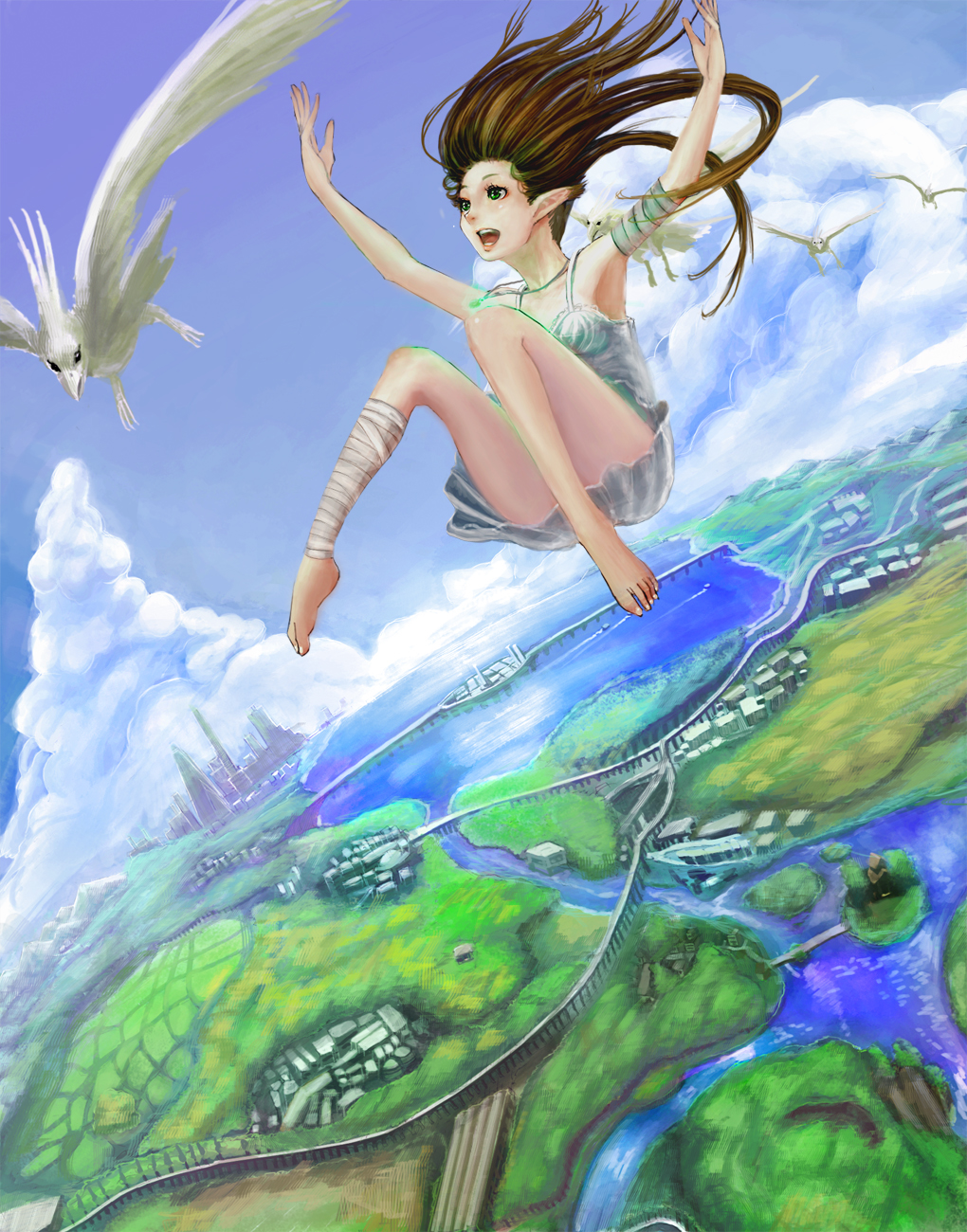 bandages bare_legs barefoot bird brown_hair cherokee_(1021tonii) cloud day green_eyes highres long_hair open_mouth original pointy_ears sky solo