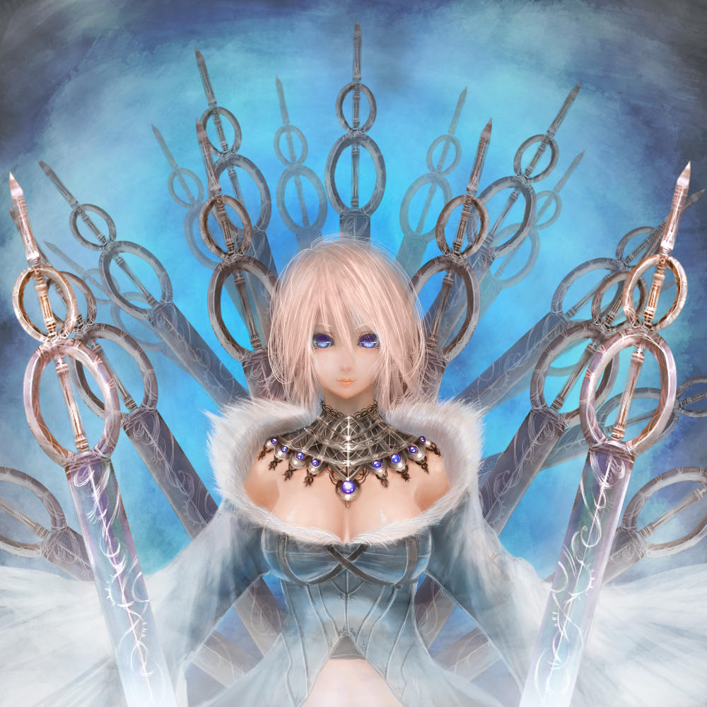 blonde_hair blue_eyes breasts cherokee_(1021tonii) detached_collar large_breasts lips pixiv_fantasia pixiv_fantasia_3 short_hair solo sword weapon