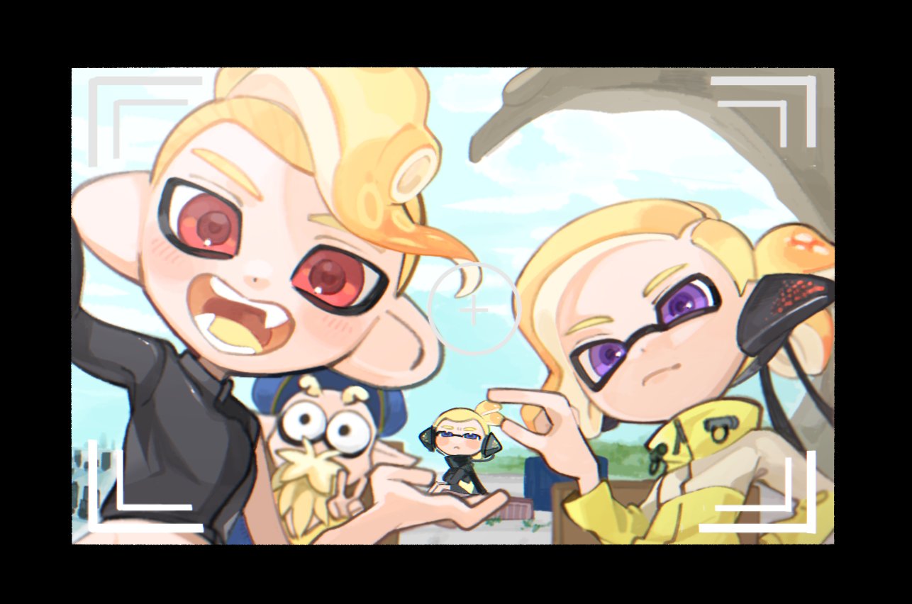 4boys agent_3_(splatoon) agent_3_(splatoon_3) black_border black_jacket blonde_hair blue_sky border cap'n_cuttlefish closed_mouth cloud headphones inkling_boy inkling_player_character jacket looking_at_viewer medium_hair mohawk multiple_boys octoling_boy octoling_player_character open_mouth outdoors purple_eyes red_eyes short_hair sky smile spl8ya splatoon_(series) splatoon_3 teeth tentacle_hair tentacles viewfinder yellow_jacket