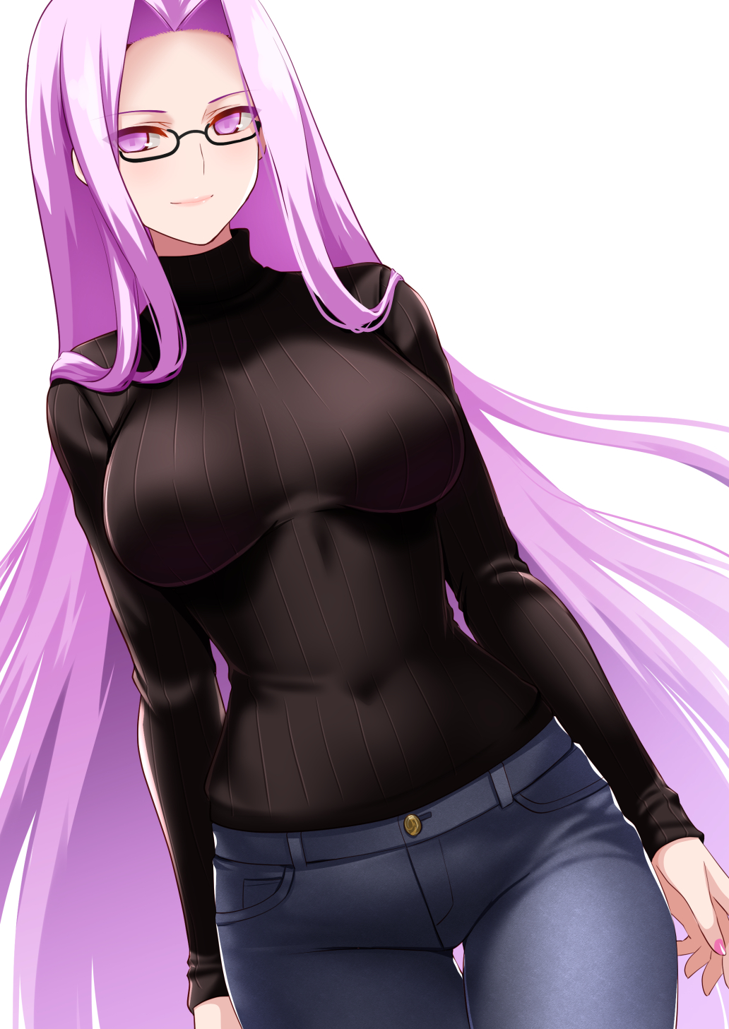 1girl black-framed_eyewear black_skirt blue_pants collared_shirt covered_navel cowboy_shot denim engo_(aquawatery) fate/stay_night fate_(series) glasses heaven's_feel highres jeans long_hair long_sleeves looking_at_viewer medusa_(fate) medusa_(rider)_(fate) nail_polish pants pink_eyes pink_hair pink_nails shirt simple_background skirt smile solo very_long_hair white_background
