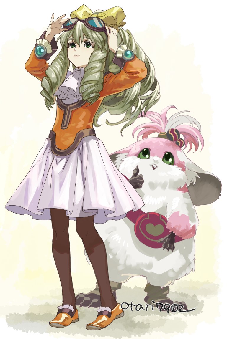 1girl :3 adjusting_goggles bow chu_chu_(xenogears) commentary_request creature dress drill_hair drill_sidelocks goggles goggles_on_head green_eyes green_hair hair_bow indesign long_hair maria_balthasar open_mouth orange_footwear pantyhose pink_fur ringlets sidelocks twitter_username xenogears yellow_bow