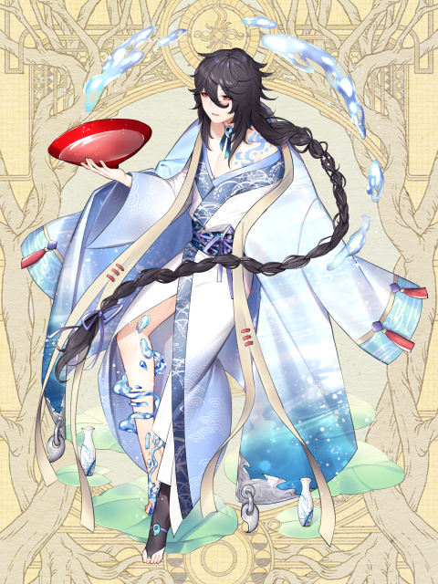 1boy alcohol anklet bare_legs black_hair black_socks blue_choker blue_coat blue_kimono blue_sash braid bridal_legwear choker coat coat_on_shoulders collarbone cup dairoku_ryouhei full_body gradient_clothes gradient_kimono hair_between_eyes holding holding_cup hydrokinesis invisible_chair jade_(gemstone) japanese_clothes jewelry kimono lily_pad long_hair long_sleeves looking_ahead male_focus no_shoes off_shoulder parted_lips red_eyes ribbon_choker sakatsuki_younami sakazuki sake sash seigaiha shichimi shoulder_tattoo sidelocks single_braid single_sock sitting smile socks solo tattoo tokkuri very_long_hair water white_coat white_kimono yellow_background