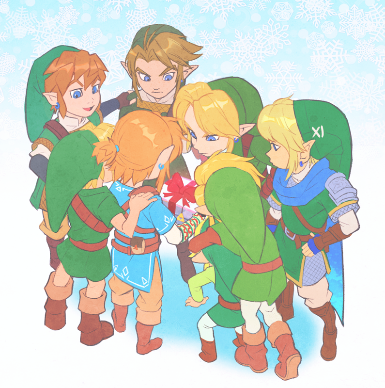 blonde_hair blue_eyes boots clothing elf footwear gift group hair hat headgear headwear humanoid humanoid_pointy_ears hylian hyrule_warriors light_body light_skin link male nintendo not_furry ocarina_of_time open_mouth open_smile shirt simple_background smile square_crossover the_legend_of_zelda toon_link topwear tunic twilight_princess uzucake wind_waker young_link
