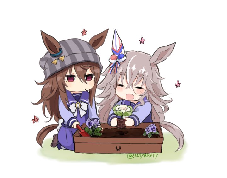 2girls =_= animal_ears beanie bow bowtie brown_hair chibi closed_mouth ears_through_headwear flower flower_bed grey_hair grey_headwear hat horse_ears horse_girl horse_tail kneeling long_hair long_sleeves multiple_girls nakayama_festa_(umamusume) open_mouth purple_shirt purple_skirt red_eyes sailor_collar school_uniform shirt simple_background skirt smile tail tracen_school_uniform trowel twitter_username umamusume white_background wiyaki17 wonder_acute_(umamusume)