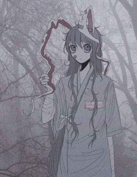 1girl alternate_costume animal_ears bandaged_arm bandages bandaid bandaid_on_ear bandaid_on_face bare_tree blue_coat bow branch coat crescent crescent_moon crescent_pin dress english_text fog forest gown grey_eyes hair_between_eyes hand_on_own_ear hospital_gown injury long_hair looking_to_the_side messy_hair moon n0een nature notched_ear pale_skin pin pocket pulling_own_ear purple_hair rabbit_ears rabbit_girl reisen_udongein_inaba third-party_source torn touhou tree very_long_hair white_bow white_fur