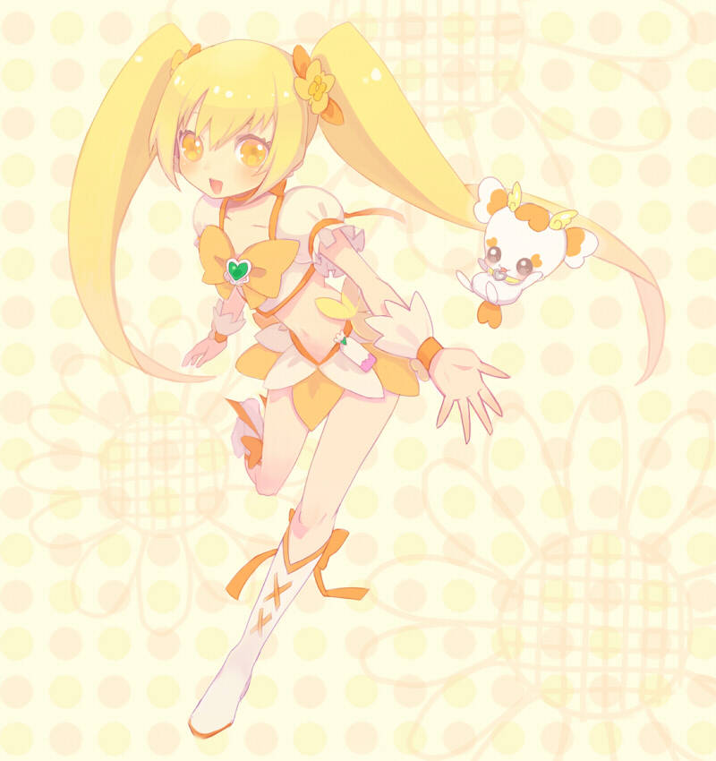 bad_id bad_pixiv_id blonde_hair boots bow choker cure_sunshine hair_ribbon heart heartcatch_precure! inase knee_boots long_hair magical_girl midriff myoudouin_itsuki navel orange_bow orange_choker orange_skirt polka_dot polka_dot_background potpourri_(heartcatch_precure!) precure ribbon running skirt twintails wrist_cuffs yellow yellow_background yellow_eyes
