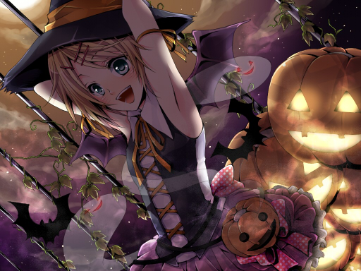 armpits bad_id bad_pixiv_id bat_wings blonde_hair blue_eyes gothic_lolita hair_ornament hairclip halloween hat jack-o'-lantern kagamine_rin lolita_fashion pumpkin short_hair siblings siempre skirt smile solo twins vocaloid wings witch witch_hat