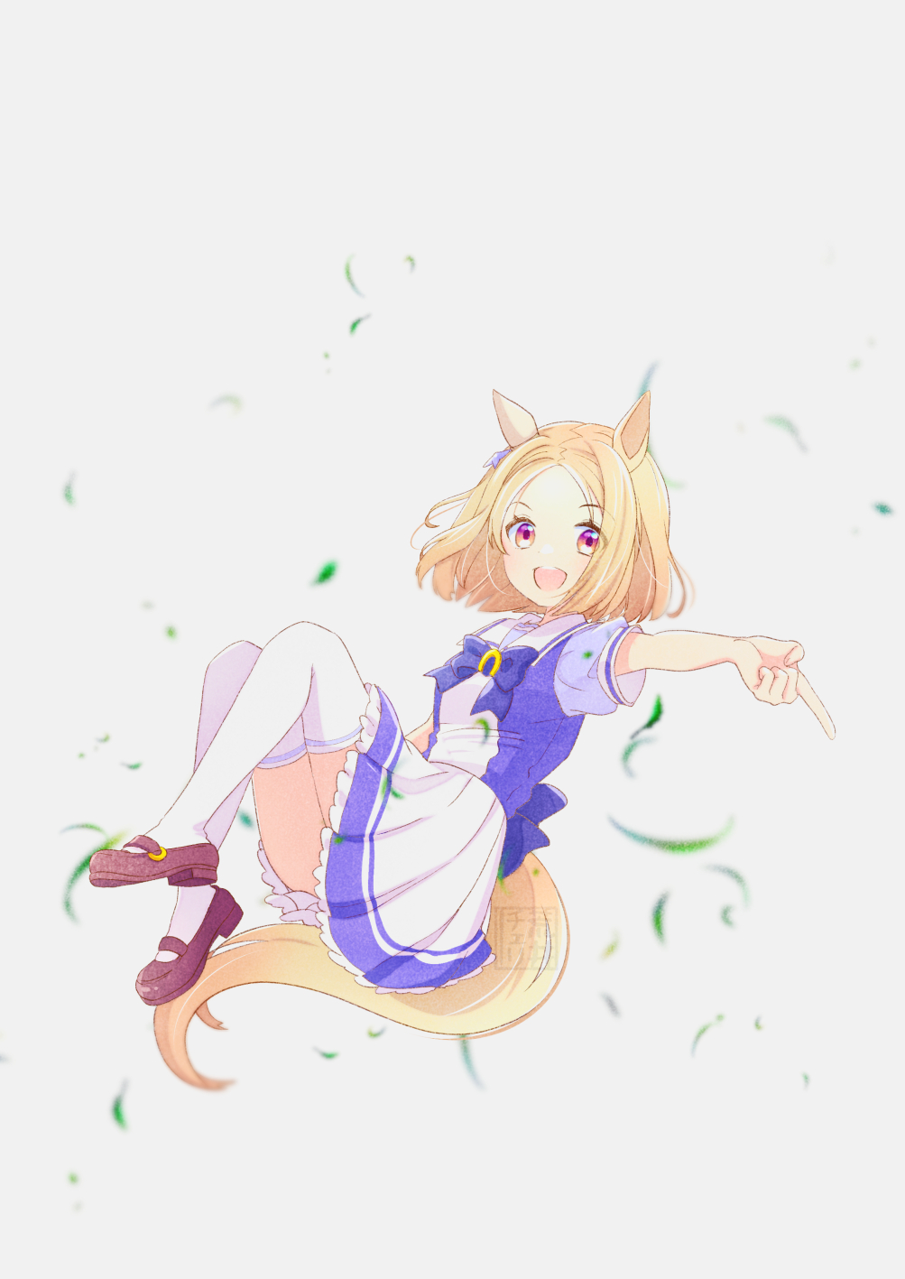 1girl animal_ears arai_cherry blonde_hair bow bowtie brown_footwear full_body grass highres horse_ears horse_girl horse_tail index_finger_raised looking_at_viewer narita_top_road_(umamusume) open_mouth purple_eyes purple_shirt sailor_collar school_uniform seal_impression shirt shoes short_hair short_sleeves skirt smile solo tail thighhighs tracen_school_uniform umamusume watermark white_skirt white_thighhighs