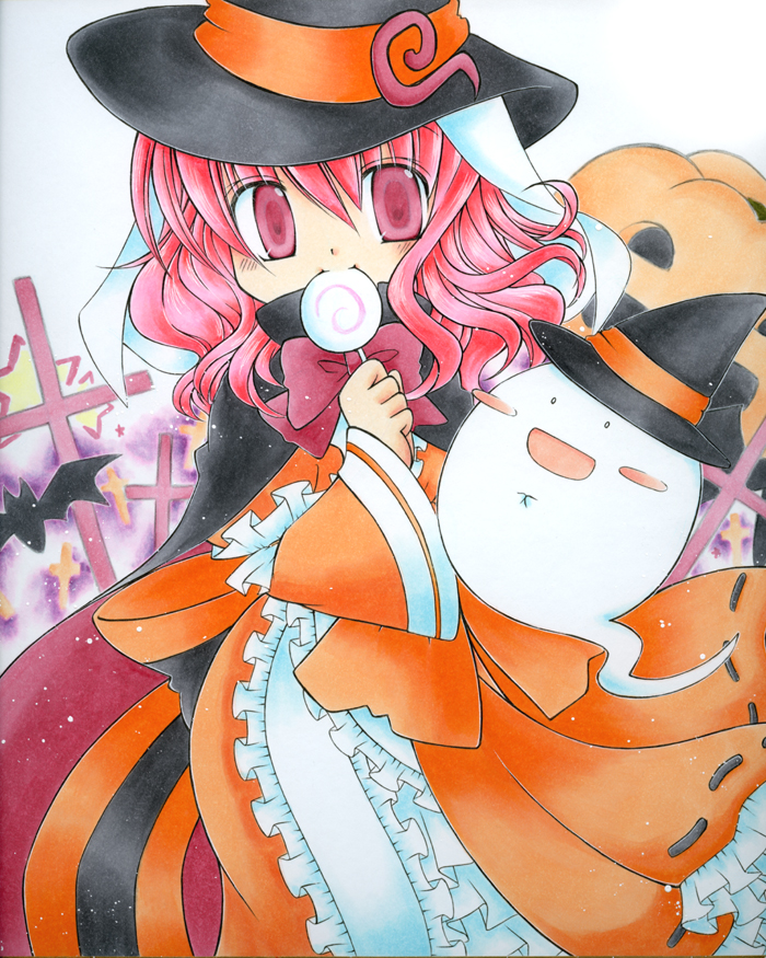 bat candy dress food ghost halloween hat jack-o'-lantern kazra lollipop long_hair pink_eyes pink_hair pumpkin saigyouji_yuyuko shikishi solo touhou traditional_media witch_hat younger