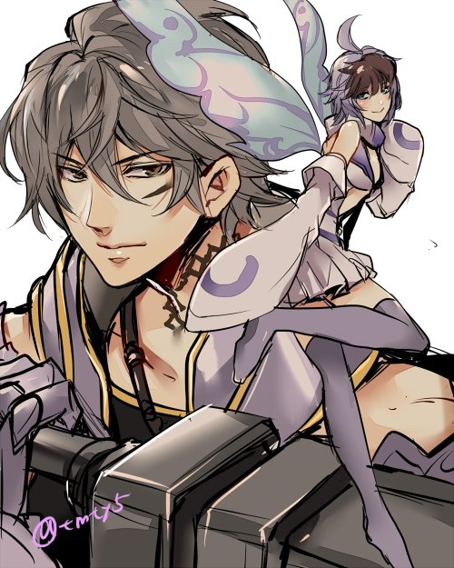 1boy 1girl ahoge armor black_shirt blush brown_eyes brown_hair commentary_request detached_sleeves dress echo_(mff) fairy fairy_wings final_fantasy gauntlets grey_hair hand_up holding holding_sword holding_weapon leg_up looking_back medium_hair mobius_final_fantasy neck_tattoo oversized_clothes purple_hair purple_thighhighs shirt short_hair shoulder_strap simple_background size_difference smile sword tama_(tmfy5) tattoo thighhighs twitter_username weapon white_background white_dress wings wol