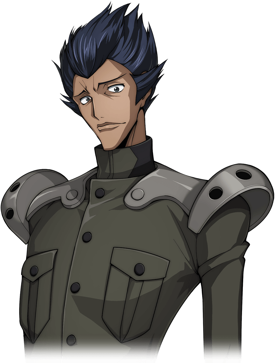 1boy arm_at_side armor artist_request blue_hair breast_pocket buttons closed_mouth code_geass code_geass:_lost_stories cropped_torso game_cg green_jacket grey_eyes highres jacket long_sleeves looking_at_viewer male_focus military_uniform non-web_source official_art pocket short_hair shoulder_armor simple_background solo spiked_hair standing transparent_background uniform upper_body urabe_kousetsu