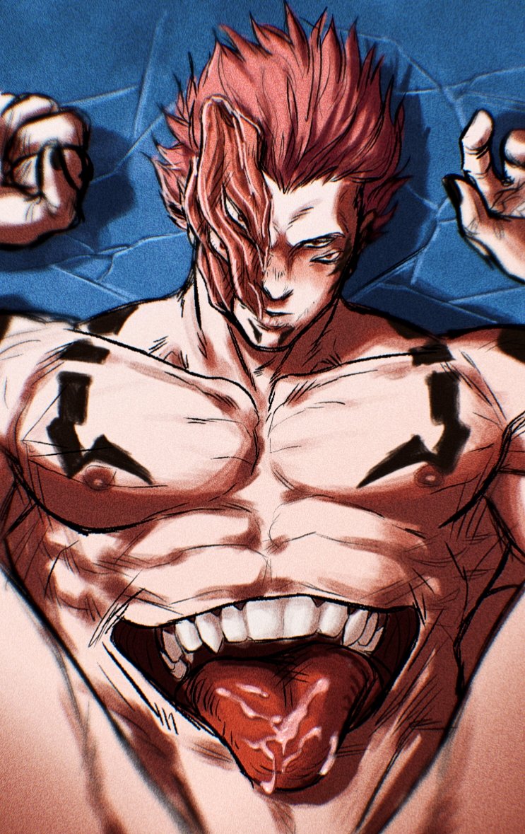 1boy abs bara black_nails chest_tattoo cowboy_shot cum cum_in_mouth extra_eyes extra_mouth implied_yaoi jujutsu_kaisen large_pectorals looking_at_viewer lying male_focus muscular muscular_male nipples on_back pectorals red_eyes ryoumen_sukuna_(jujutsu_kaisen) ryoumen_sukuna_(jujutsu_kaisen)_(true_form) short_hair shoulder_tattoo smokerichi solo spiked_hair spread_legs stomach_mouth tattoo