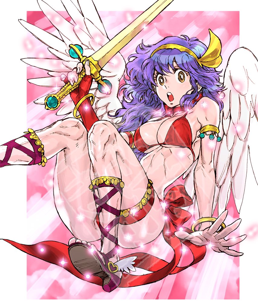 1girl ankle_lace-up armlet athena_(series) bikini breasts cleavage gladiator_sandals hairband jewelry long_hair medium_breasts navel nishimura_kinu open_mouth princess_athena purple_hair red_bikini sandals shield simple_background snk solo swimsuit sword weapon