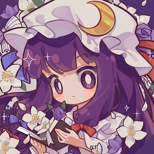 1girl book crescent crescent_hat_ornament flower hat hat_ornament holding holding_book mob_cap patchouli_knowledge purple_eyes purple_hair solo suelement touhou upper_body white_flower white_headwear