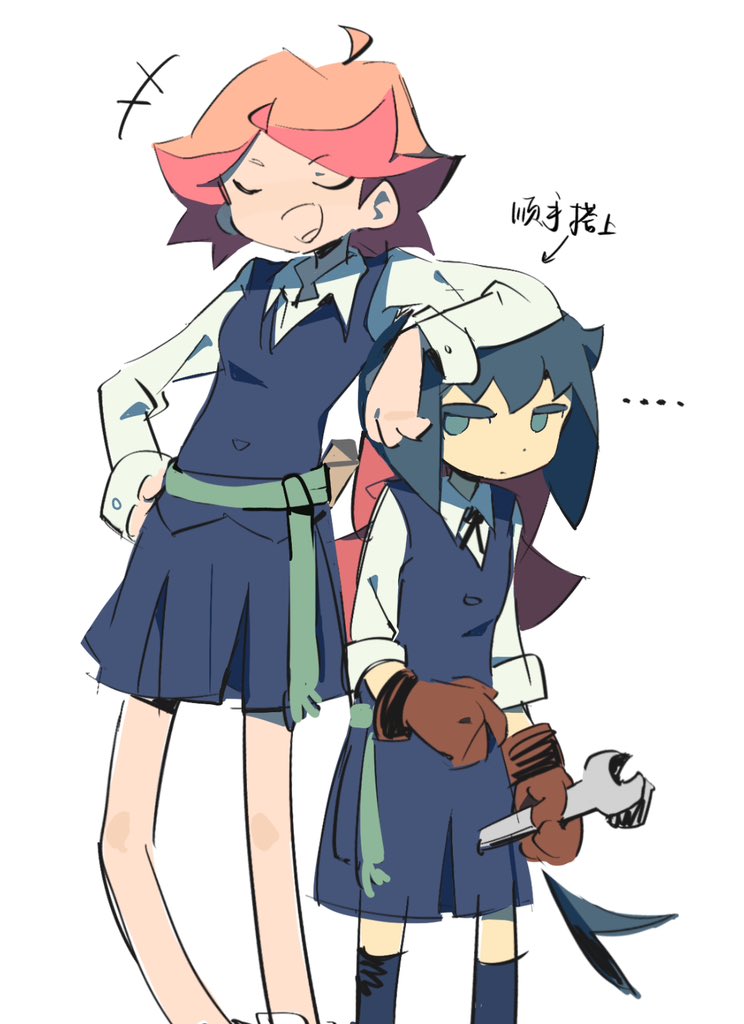 2girls amanda_o'neill ankle_socks arrcticc_fish black_hair blue_dress blue_eyes closed_eyes constanze_amalie_von_braunschbank-albrechtsberger dress gloves holding holding_wrench jitome leaning_on_person little_witch_academia looking_at_viewer luna_nova_school_uniform multiple_girls red_gloves red_hair school_uniform shirt short_hair simple_background socks standing thick_eyebrows white_background white_shirt witch wrench