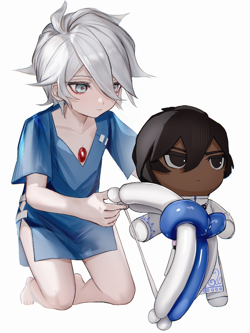 1boy aged_down arjuna_(fate) balloon barefoot blue_eyes character_doll child fate/grand_order fate_(series) full_body hair_between_eyes hospital_gown karna_(fate) kneeling looking_at_doll male_focus pale_skin playing short_hair tokaoioi1 white_background white_hair