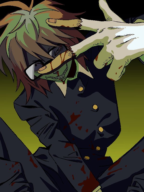 1boy arm_between_legs black_jacket black_pants bleeding blood blood_on_clothes brown_hair collared_shirt constricted_pupils feet_out_of_frame glasses gloves gradient_background hand_up jacket knees_up leaning_to_the_side long_sleeves male_focus messy_hair nosebleed pants partially_fingerless_gloves randal's_friends randal_ivory sharp_teeth shirt smile solo takushi_(taxi739) teeth torn_clothes torn_gloves uneven_eyes w wavy_mouth yellow_background
