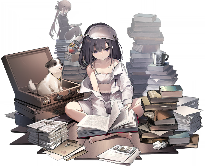 2girls ash_arms bion_(marfusha) book bra breasts briefcase closed_mouth collarbone dog jacket long_hair looking_at_viewer marfusha multiple_girls official_art paper pile_of_books reading shorts sitting small_breasts solo_focus strelka_(marfusha) transparent_background underwear