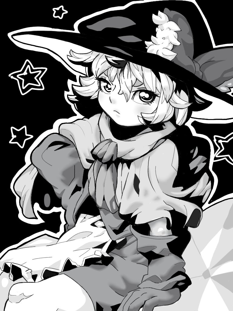 1girl alternate_design apron bow capelet closed_mouth commentary_request cookie_(touhou) cowboy_shot frown gloves greyscale hair_between_eyes hat hat_bow kirisame_marisa long_bangs looking_at_viewer meguru_(cookie) monochrome outline scarf short_hair sitting skirt solo star_(symbol) tonchamon_san touhou waist_apron witch_hat