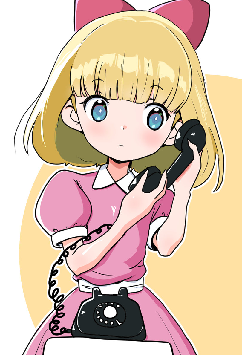 1girl ahoge antique_phone bow child detesu dress hair_bow long_hair looking_at_viewer mother_(game) mother_2 paula_(mother_2) phone pink_dress rotary_phone short_hair short_sleeves solo upper_body