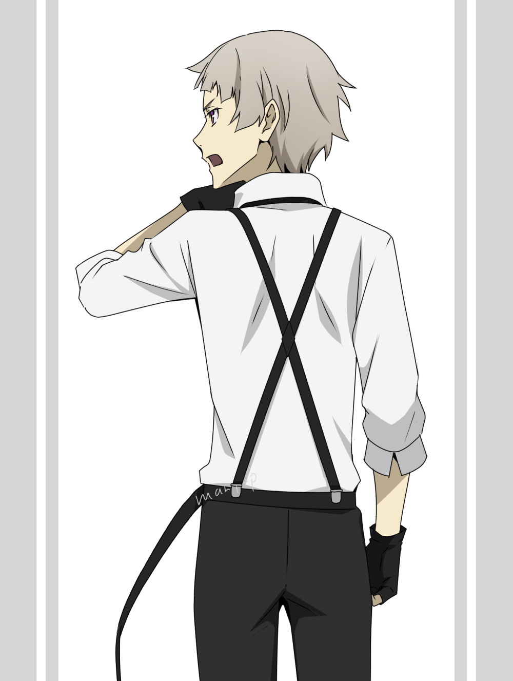 1boy black_gloves bungou_stray_dogs from_behind gloves grey_hair hand_on_own_chin highres looking_to_the_side mari_(marimaripink) nakajima_atsushi_(bungou_stray_dogs) open_mouth shirt solo twitter_username upper_body white_shirt yellow_eyes