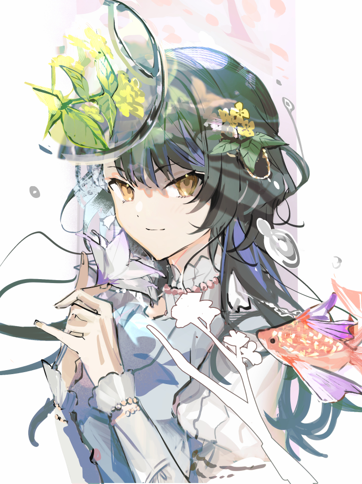 1girl branch carp closed_mouth dress fishbowl flower hair_flower hair_ornament hand_up juliet_sleeves leaf long_sleeves looking_at_viewer project_sekai puffy_sleeves pyongtaro shiraishi_an smile solo upper_body virtual_youtuber white_background white_dress yellow_flower