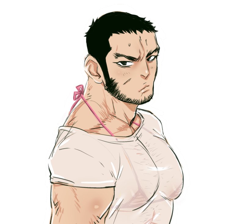 1boy adam's_apple atd_(atrocedie) bara beard_stubble bra bra_visible_through_clothes buzz_cut chest_hair facial_hair golden_kamuy large_pectorals light_blush long_sideburns looking_at_viewer looking_to_the_side male_focus mature_male micro_bra muscular muscular_male pectorals pink_bra scar see-through see-through_shirt shirt short_hair sideburns solo sparse_chest_hair stubble sweat sweaty_clothes t-shirt tanigaki_genjirou thick_eyebrows underwear upper_body very_short_hair wet wet_clothes wet_shirt white_shirt