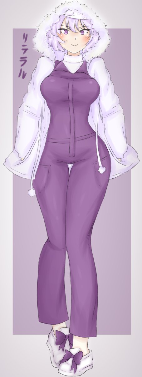 1girl adapted_costume blush breasts chibiriteraru closed_mouth commentary contrapposto full_body fur_trim grey_background highres hood hoodie large_breasts letty_whiterock looking_at_viewer purple_eyes purple_hair short_hair smile solo touhou white_footwear white_hoodie