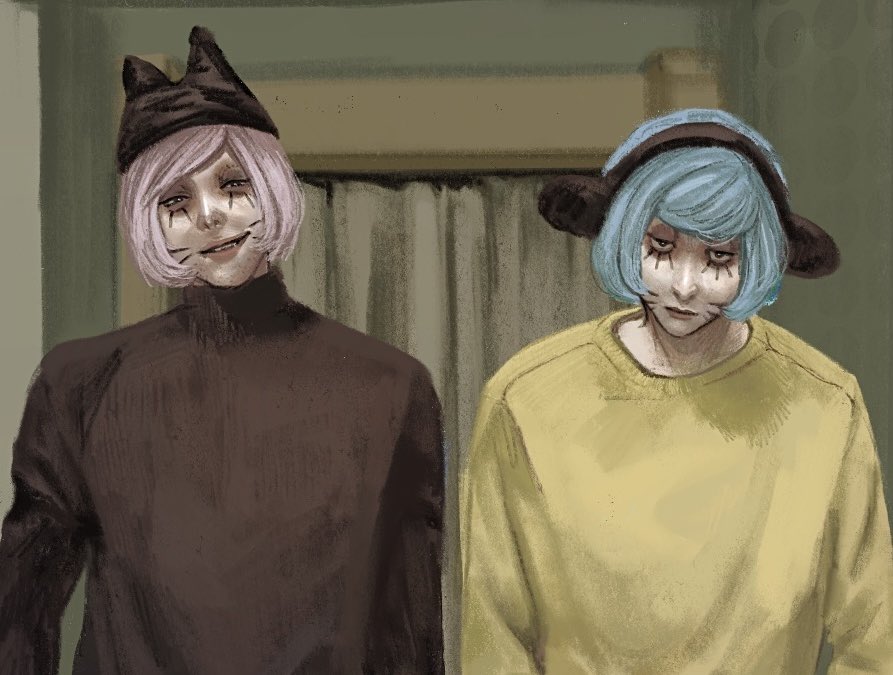 2boys animal_ear_hairband animal_ear_headwear animal_ears bags_under_eyes beanie black_eyes black_sweater blue_hair bob_cut closed_mouth cropped curtains expressionless facial_mark fake_animal_ears fangs hairband half-closed_eyes hallway hat head_tilt hokou_(hokou_2) indoors long_sleeves looking_at_viewer male_focus multiple_boys nyen_(randal's_friends) nyon_(randal's_friends) parody pink_hair randal's_friends scene_reference side-by-side smirk standing sweater swept_bangs the_shining turtleneck turtleneck_sweater upper_body whiskers yellow_sweater