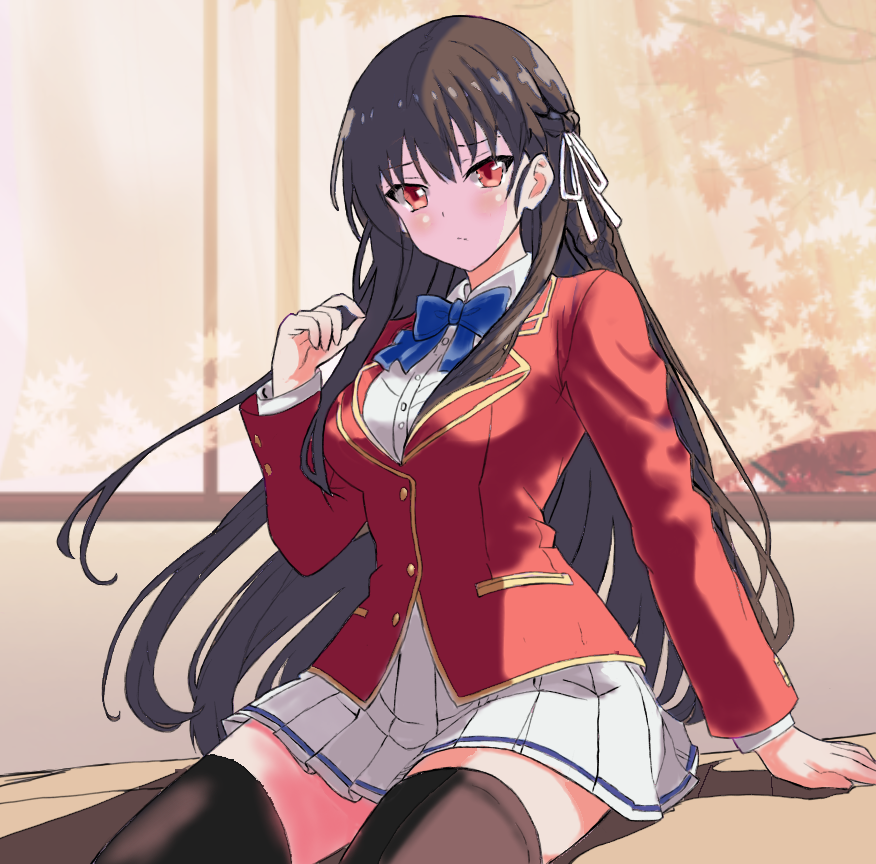 1girl advanced_nurturing_high_school_uniform black_hair black_thighhighs blazer blue_bow blue_bowtie bow bowtie breasts closed_mouth collared_shirt hand_up horikita_suzune jacket long_hair looking_at_viewer medium_breasts pleated_skirt rabitan1022 red_eyes red_jacket ribbon school_uniform shirt sitting skirt thighhighs white_ribbon white_shirt white_skirt youkoso_jitsuryoku_shijou_shugi_no_kyoushitsu_e