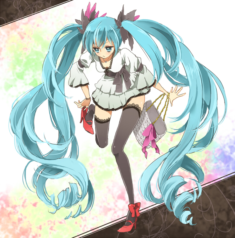aqua_eyes aqua_hair bad_id bad_pixiv_id bag bow bracelet dress full_body hatsune_miku high_heels jewelry lace lace-trimmed_thighhighs long_hair mino_mokkori necklace putting_on_shoes shoes solo thighhighs twintails very_long_hair vocaloid world_is_mine_(vocaloid)