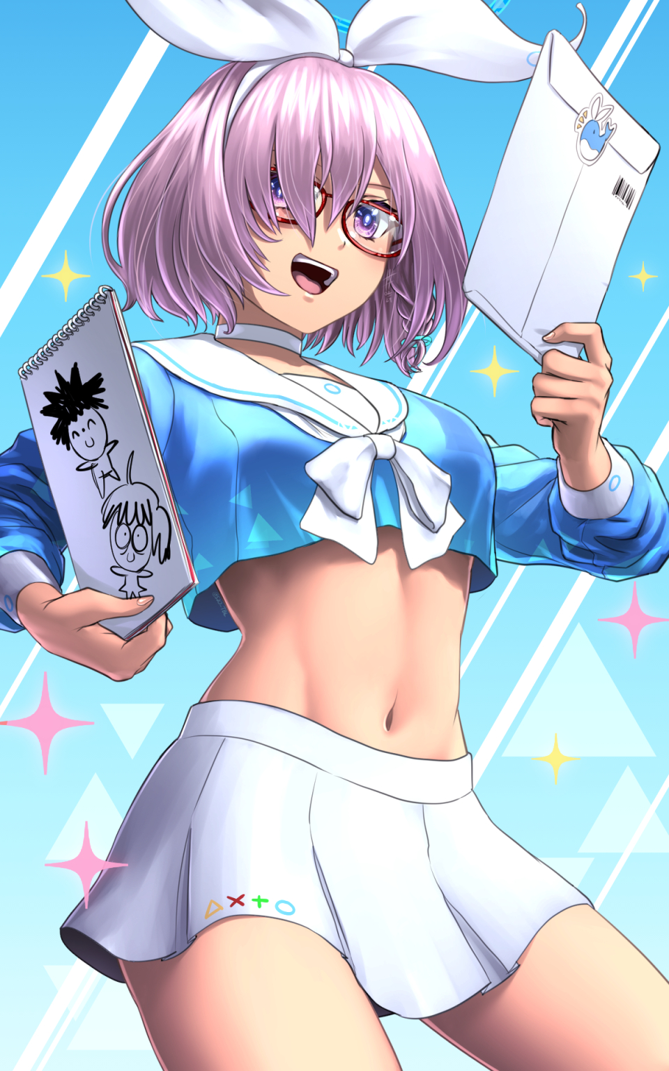 1girl arona_(blue_archive) arona_(blue_archive)_(cosplay) blue_archive blush bow breasts choker cosplay doodle_sensei_(blue_archive) envelope fate/grand_order fate_(series) fujimaru_ritsuka_(female) fujimaru_ritsuka_(male) glasses hair_over_one_eye hairband hashtag_only_commentary highres large_breasts long_sleeves looking_at_viewer manila_envelope mash_kyrielight medium_breasts navel open_mouth purple_eyes purple_hair sailor_collar school_uniform sensei_(blue_archive) serafuku shirt short_hair simple_background skirt smile solo substance20 white_bow white_choker white_sailor_collar white_skirt
