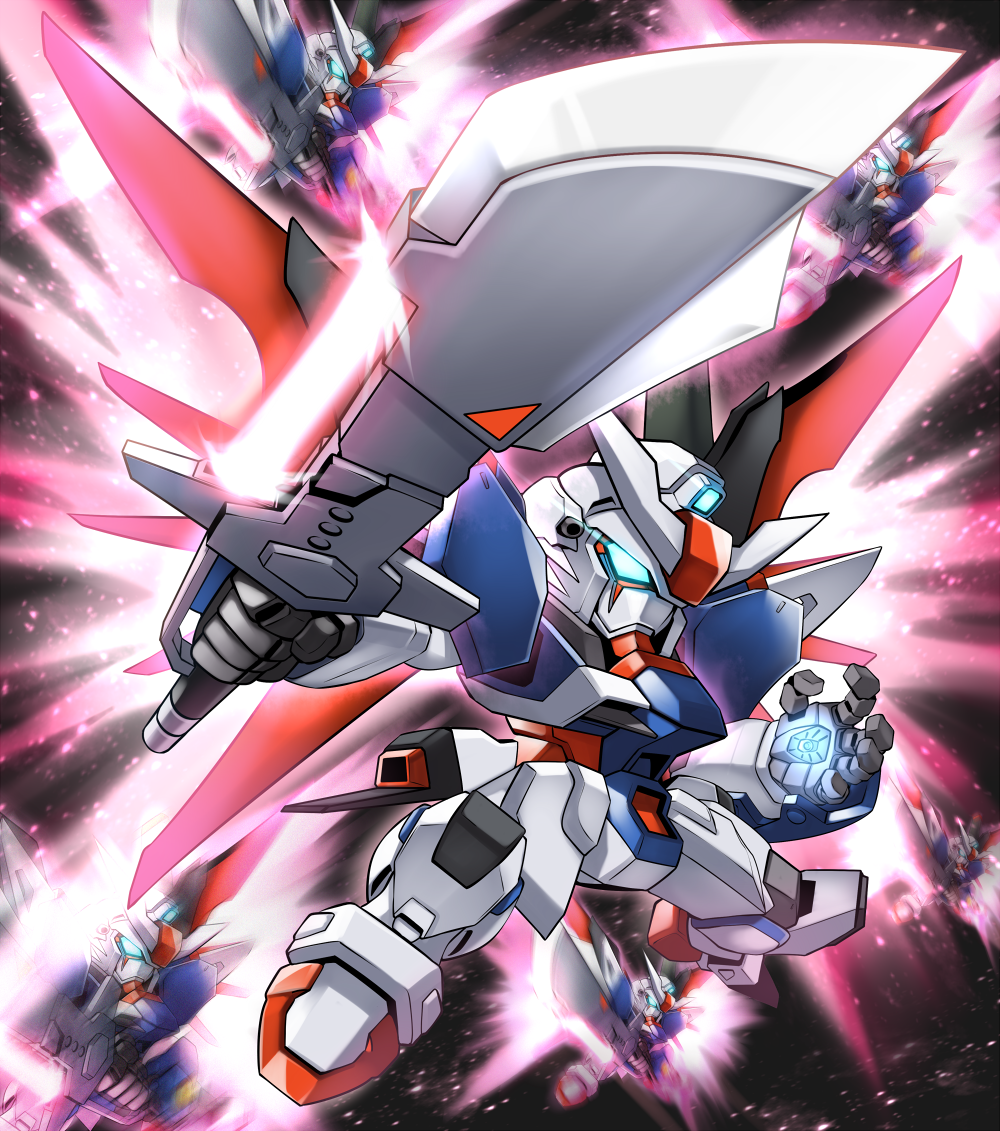 afterimage blue_eyes chibi commentary_request destiny_gundam_spec_ii energy_sword energy_wings glowing glowing_hand gundam gundam_seed gundam_seed_freedom haganef holding holding_sword holding_weapon light_particles mecha mobile_suit no_humans robot sd_gundam sword v-fin weapon