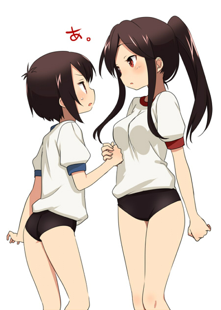 a_channel artist_request buruma gym_uniform holding_hands ichii_tooru multiple_girls nishi_yuuko ponytail short_hair