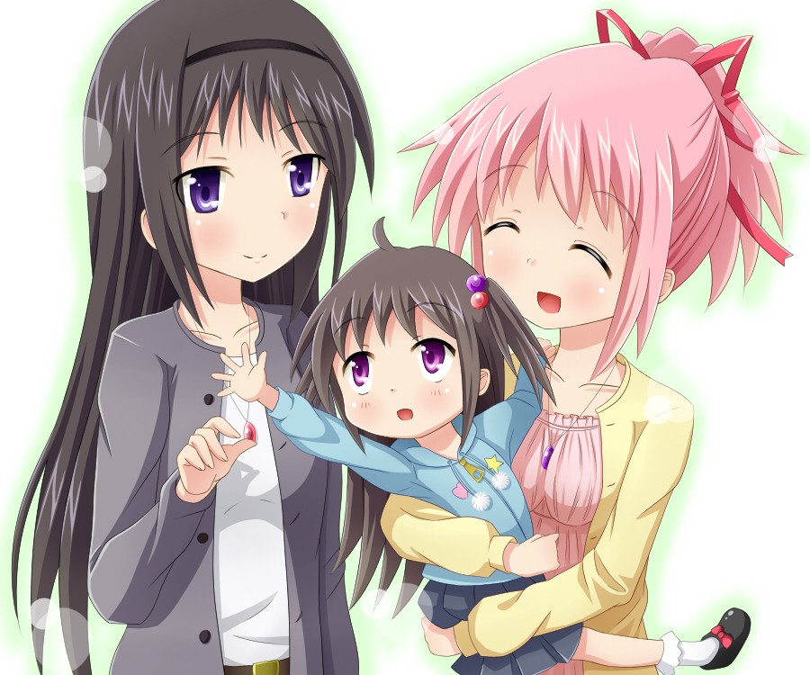 akemi_homura alternate_hairstyle black_hair blush carrying child closed_eyes hair_bobbles hair_ornament hair_ribbon hairband if_they_mated ips_cells kaname_madoka long_hair mahou_shoujo_madoka_magica mother_and_daughter multiple_girls pink_hair purple_eyes ribbon short_hair short_ponytail short_twintails smile twintails two_side_up white_background yoshitani_(aminosan) yuri