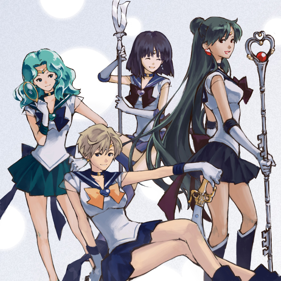 back_bow bare_legs bishoujo_senshi_sailor_moon black_choker black_dress black_hair blonde_hair blue_choker blue_eyes blue_footwear blue_sailor_collar blue_skirt boots bow brooch brown_bow choker closed_eyes crossed_legs deep_aqua_mirror dress earrings elbow_gloves garnet_rod gloves green_eyes green_hair green_skirt half_updo heart holding holding_spear holding_staff holding_weapon jewelry kaiou_michiru knee_boots long_hair magical_girl meiou_setsuna mirror multiple_girls neptune_symbol outer_senshi pleated_skirt polearm purple_sailor_collar purple_skirt rc red_eyes ribbon sailor_collar sailor_neptune sailor_pluto sailor_saturn sailor_senshi sailor_senshi_uniform sailor_uranus shoes short_hair silence_glaive sitting skirt smile space_sword spear staff standing star star_choker super_sailor_neptune super_sailor_pluto super_sailor_saturn super_sailor_uranus sword ten'ou_haruka tiara tomoe_hotaru very_short_hair weapon white_background white_gloves yellow_bow