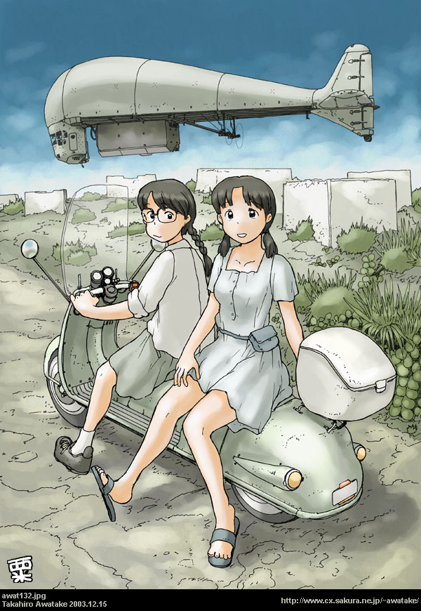 aircraft awatake_takahiro braid commentary_request day dirigible dress glasses ground_vehicle motor_vehicle multiple_girls original pouch scooter sky sleeves_rolled_up