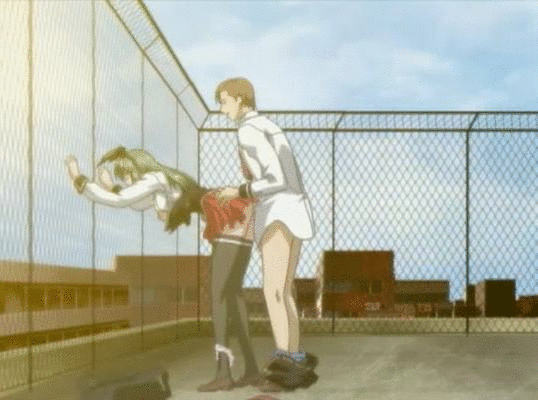 1girl against_fence animated animated_gif ass bent_over bible_black black_legwear bouncing_breasts breasts breasts_outside clothed_sex fence from_behind green_hair itou_mika large_breasts long_hair panties panties_around_leg ribbon rooftop school_uniform sex skirt thighhighs uncensored underwear vaginal zettai_ryouiki