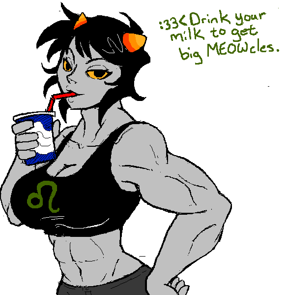 abs big_breasts black_hair breasts clothing drink english_text female hair homestuck horn muscles muscly muscular_female nepeta_leijon shirt solo straw tank_top text troll yellow_eyes