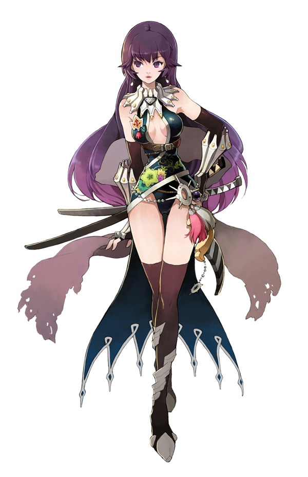 arm_guards assassin_cross bare_shoulders black_gloves black_legwear boots breasts cleavage crossed_legs earrings elbow_gloves fingerless_gloves full_body gloves hand_on_hip jewelry karen_(ragnarok_violet) katana long_hair parted_lips purple_eyes purple_hair ragnarok_online ragnarok_violet riqurr simple_background small_breasts smile solo standing sword thigh_boots thigh_gap thighhighs watson_cross weapon white_background