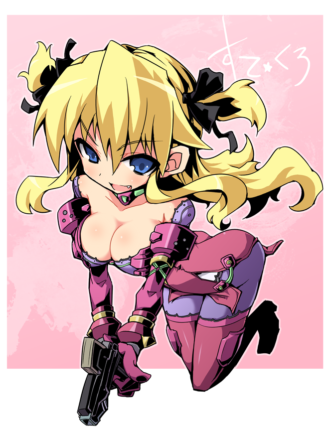 armor blonde_hair blue_eyes bodysuit bow breasts celestine_charleroi celestine_charleroi_(cosplay) cleavage company_connection cosplay detached_sleeves fang gun hair_bow hair_ornament large_breasts long_hair midair pink_bodysuit quiz_magic_academy sasamashin shalon smile solo steel_chronicle two_side_up weapon