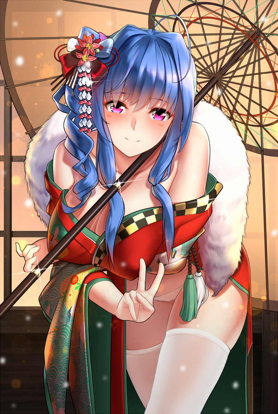 1girl ahoge azur_lane baiyin blue_hair blush breasts cameltoe cleavage covered_nipples cowboy_shot drill_hair eyebrows_visible_through_hair fur_scarf glint hair_ornament highres japanese_clothes kimono large_breasts leaning_forward looking_at_viewer medium_hair new_year off_shoulder panties parasol purple_eyes side_drill side_ponytail sidelocks smile snow solo st._louis_(azur_lane) standing tassel thighhighs umbrella underwear v white_legwear white_panties wide_sleeves